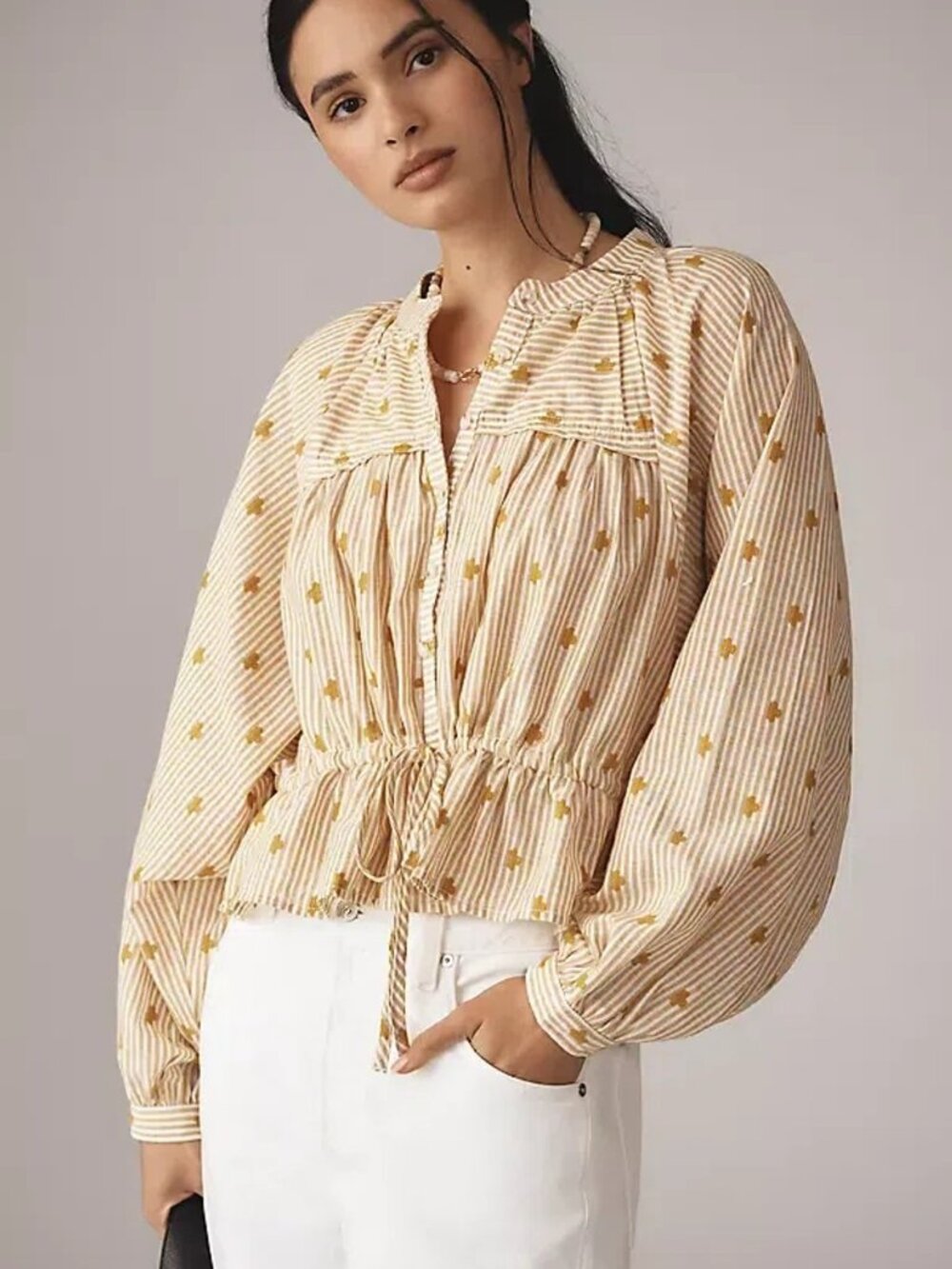 Pilcro NWOT The Sidney Batwing Blouse Cinched Waist Edition Sz L Mustard/White